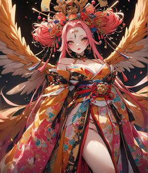 Masterpiece, 4K, ultra detailed, 1 golden pink hair angel girl with angelic makeup enhance by her seductive pink lips, detailed feather wings, SFW, depth of field, ,oiran,dunhuang