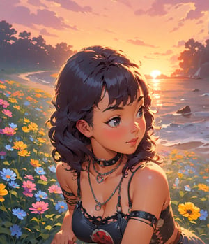 Masterpiece, 4K, ultra detailed, sexy punk woman, choker necklace, long flowy hair, wild flowers, depth of field, SFW, Ukiyoe Art Style, Vintage American illustration's,KidsRedmAF, sunset,