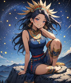 Masterpiece, 4K, ultra detailed, anime style, mature and elegant Inca woman sitting on mountain top boulder, beautiful flawless face with great makeup smiling, dangling earrings, colorful headpiece, epic starry night, windy, more detail XL, SFW, depth of field, (ukiyoe art style),