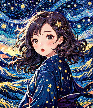 Masterpiece, 4K, ultra detailed, Chibi Art Style,1 beautiful woman with wavy hair and glossy lips, windy starry night, SFW, depth of field, Ukiyoe Art Style,