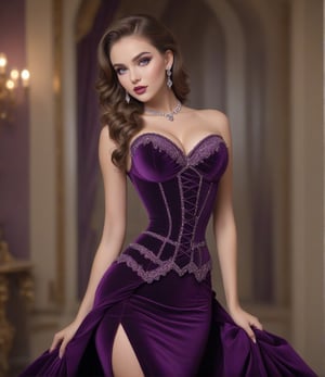 Masterpiece, 4K, ultra detailed, beautiful busty lady with glamorous makeup, beautiful bright eyes and  glossy lips, dangling crystal earrings, tight corset on waist, purple velvet dress with lace trimming, depth of field, SFW,WEARING HAUTE_COUTURE DESIGNER DRESS
