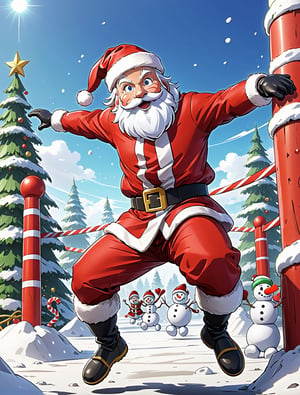 ((anime)), 1 Santa Claus training in obstacle course, Captain snowmen cheering, dynamic angle, SFW, solo,sci-fi,realistic, motion_lines