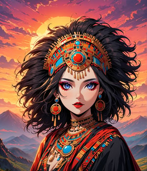 Masterpiece, 4K, ultra detailed, anime style, solo, 1 ancient Inca woman wearing a flowy cape on a mountain top, beautiful flawless face with goth makeup, dangling earrings, colorful headpiece, epic sunset, windy, more detail XL, SFW, depth of field,masterpiece,best quality,Ink art