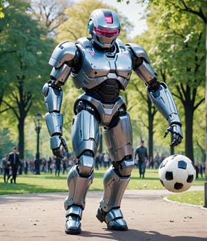 (masterpiece, high quality, 8K resolution, ultra detailed), movie character RoboCop playing soccer in the park, walking slowly, depth of field,