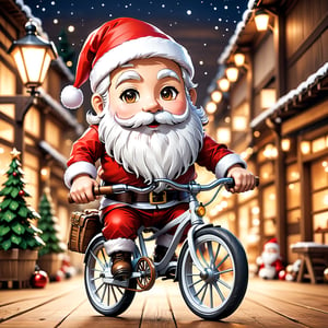 ((anime chibi style)), Santa Claus with white thick beard riding a vintage wooden bicycle, dynamic angle, depth of field, detail XL, ,(anime), TSHIRT DESIGN