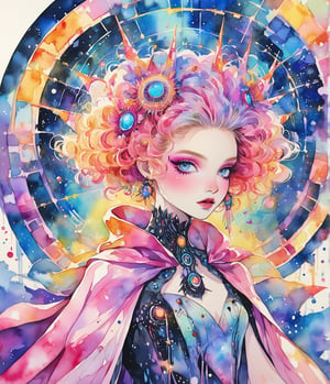 Masterpiece, 4K, ultra detailed, elegant fashionable woman, perfect makeup, flowy cape, magical portal, SFW, depth of field, vibrant Punk Art Style,watercolor \(medium\)