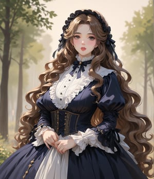 Masterpiece, 4K, ultra detailed, anime Style, 1 beautiful woman with long wavy hair and glossy lips wearing traditional Victorian outfit, SFW, depth of field,shuimo style