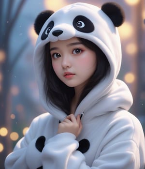 Masterpiece, 4K, ultra detailed, pretty girl wearing puffy panda onesie, SFW, depth of field, dreamy background,