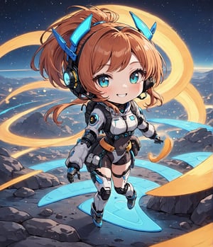 Masterpiece, 4K, ultra detailed, chibi anime style, cyber robot ponytail hair girl wearing tactical headset with fin antenna, smiling at viewers, orange and cyan LED lights, SFW, flying on colorful rocky space terrain at night, sonic boom, depth of field, 