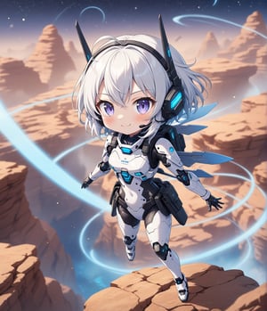 Masterpiece, 4K, ultra detailed, chibi anime style, cyber robot girl wearing tactical headset with fin antenna, smiling at viewers, SFW, flying on colorful rocky space terrain, dusty vapor trail, depth of field, 