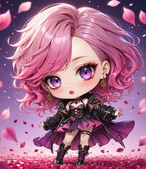 Masterpiece, 4K, ultra detailed, chibi anime style, beautiful female singer with dark makeup, beautiful detailed eyes and glossy lips, golden earring, long purple and pink ombre hair, flowy sheer robe and leather boots, romantic flower petals, windy, depth of field, SFW, more detail XL, punk art style,