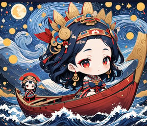 Masterpiece, 4K, ultra detailed, chibi anime style, busty ancient Inca woman sitting on a tiny wooden boat, beautiful flawless face with great makeup, dangling earrings, colorful headpiece, epic starry night, windy, more detail XL, SFW, depth of field, (ukiyoe art style), Ink art,Deformed, 