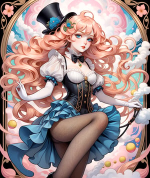 (Art Nouveau style), masterpiece, beautiful long peach hair woman wearing magician assistant outfit with a small top hat, fishnet pantyhose and Stilettos high heels, large detailed blue eyes, more detail XL, ((SFW)), swirling color smoke,