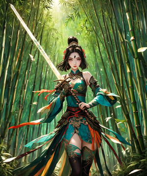 Masterpiece, 4K, ultra detailed, ((solo)), anime art style, beautiful swordswoman, beautiful detailed eyes and glamorous makeup, holding a sword with both hands ,stilettos high heels and stockings, bamboo Forest, more detail XL, SFW, depth of field, dunhuang,glowing sword