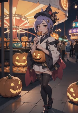 Full body, A cute young girl eating a huge lollipop, walking in a amusement park, carousel and ferris wheel in the background, depth of field, Halloween pumpkins, qiqi (genshin impact):1.3