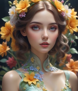 Masterpiece, 4K, ultra detailed, fashionable woman made of luminrous liquid, perfect makeup, SFW, depth of field, Art nouveau flowers,raw photo, realistic:1.3 cinematic photo