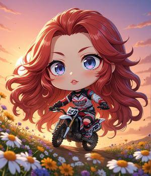 Masterpiece, 4K, ultra detailed, chibi anime style, beautiful female motocross rider with glamorous makeup and glossy lips, long flowy hair, epic sunset, wild flowers, depth of field, SFW,