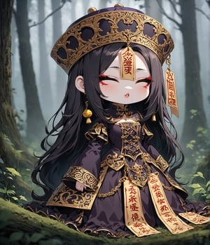 Masterpiece, 4K, ultra detailed, chibi anime style, frightening female Jiangshi with flawless goth makeup, paper talisman on forehead and glossy lips, eyes closed, golden earring, wavy long hair, dark silk robe with very long sleeves, in a misty dark forest, depth of field, SFW, more detail XL,