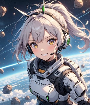 Masterpiece, 4K, ultra detailed, anime style, 1 beautiful cyber robot ponytail hair girl wearing tactical headset with fin antenna, smiling at viewers, SFW, vapor trails, rocky space asteroids , depth of field, 