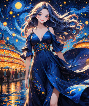 Masterpiece, 4K, ultra detailed, anime style, beautiful long flowy hair woman walking in amusement park wearing elegant satin dress, perfect makeup and smiliing, epic starry night, windy, more detail XL, SFW, depth of field, Ink art, 