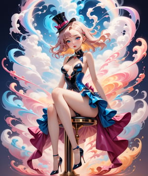 Pin-up style, masterpiece, beautiful long straight peach hair girl wearing female magician outfit with a small top hat, sitting on a tall stool, Stilettos high heels, slim waist and large detailed blue eyes, more detail XL, ((SFW)), swirling color smoke,