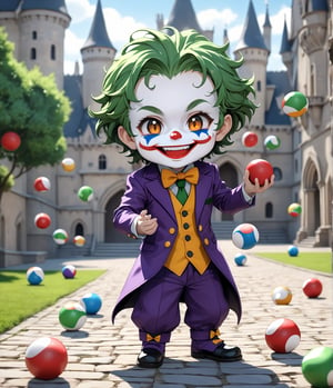 (masterpiece, high quality, 8K resolution, ultra detailed), Chibi anime style, 1 happy joker juggling balls in the castle courtyard, face paint, depth of field, best quality, SFW, 