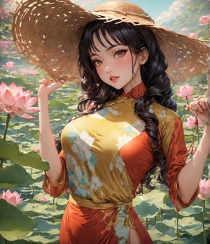 Masterpiece, 4K, ultra detailed, anime Style, 1 beautiful woman with long wavy hair and glossy lips wearing traditional Vietnamese outfit with straw hat, lotus flower s, SFW, depth of field,ao_dai_tet_xl, ukiyoe art style,