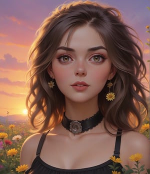 Masterpiece, 4K, ultra detailed, sexy punk woman, choker necklace, long flowy hair, wild flowers, depth of field, SFW, Vintage American illustration's,KidsRedmAF, sunset,