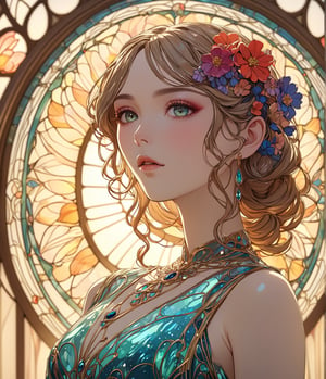 Masterpiece, 4K, ultra detailed, fashionable woman made of luminrous liquid, perfect makeup, SFW, depth of field, backlighting, Art nouveau flowers,