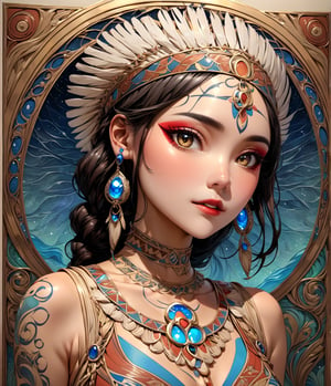 Masterpiece, 4K, ultra detailed, anime style, 1 female American Indians chief looking at viewers, beautiful flawless face with glamourous makeup, dangling crystal earrings, more detail XL, SFW, depth of field, art nouveau style,Ink art