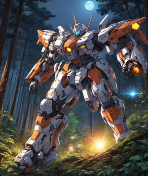 anime style, futuristic mech armor power suit in a forest at nighttime, moving on a hillside, dynamic angle, more detail XL,机甲, macross