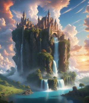 Masterpiece, 4K, ultra detailed, castle in the sky, 1 waterfall, mythical clouds, depth of field,  sunset,