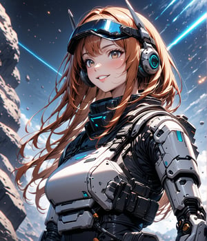 Masterpiece, 4K, ultra detailed, anime style, 1 beautiful cyber robot ginger hair girl wearing tactical visor with fin antenna, smiling with her glossy lips, SFW, vapor trails, rocky space asteroids, depth of field, mechanical arms