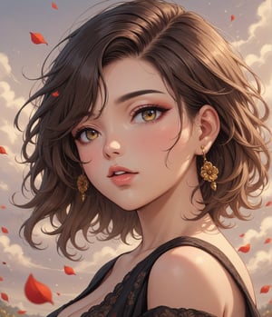 Masterpiece, 4K, ultra detailed, beautiful lady with natural makeup, beautiful detailed eyes and glossy lips, golden earring, brown and black ombre hair, romantic flower petals, colorful bellowing smoke, windy, depth of field, SFW,