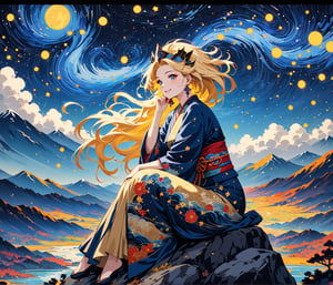 Masterpiece, 4K, ultra detailed, anime style, mature and elegant blonde woman sitting on mountain top boulder, beautiful flawless face with great makeup smiling, dangling earrings, colorful headpiece, epic starry night, windy, more detail XL, SFW, depth of field, (ukiyoe art style),Ink art,