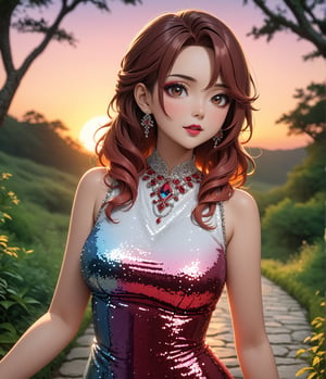 Masterpiece, 4K, ultra detailed, anime style, beautiful long hazel and red ombre hair mature woman, in a flowering forest pathway wearing short sequin dress with lace trimming, glamorous makeup, epic sunset, more detail XL, SFW, depth of field,