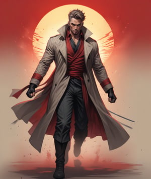 Solo, Mature Male fighter wearing long flowy trench coat with red stripes, tattoos on chest, detailed eyes, holding long sword, fighting stance poses, 4k, windy, highly detailed, (full body portrait), dynamic angle, ink splash style, sunset, more detail XL,,<lora:659095807385103906:1.0>