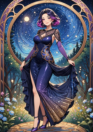 Masterpiece, 4K, ultra detailed, beautiful black and purple ombre hair mature woman walking in a flowering forest pathway wearing short sequin dress with lace trimming, perfect makeup and smiling, sparkly stilettos high heels, epic starry night, more detail XL, SFW, depth of field, (art nouveau style),