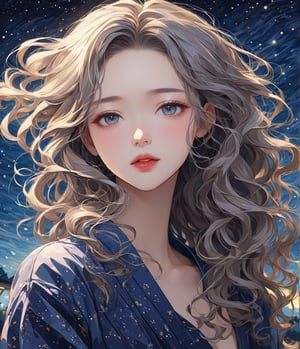 Masterpiece, 4K, ultra detailed, 1 beautiful woman with wavy hair and glossy lips, windy starry night, SFW, depth of field, Ukiyoe Art Style,