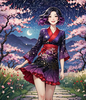 Masterpiece, 4K, ultra detailed, beautiful black and purple ombre hair mature woman walking in a flowering pathway wearing short sparkly red satin dress, perfect makeup and smiling, epic starry night, windy, more detail XL, SFW, depth of field, (ukiyoe art style),