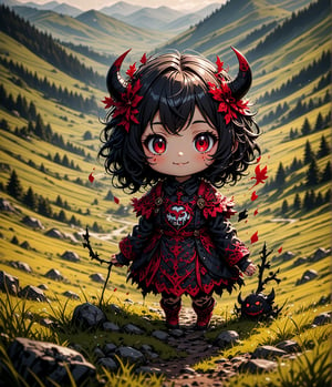 Masterpiece, 4K, ultra detailed, chibi anime style, joyful Satan girl in rural hillside country, SFW, depth of field, Details,Ink art