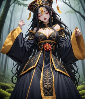 Masterpiece, 4K, ultra detailed, anime style, frightening female Jiangshi with flawless goth makeup, paper talisman on forehead and glossy lips, eyes closed, golden earring, wavy long hair, dark silk robe with very long sleeves, in a misty dark forest, depth of field, SFW, more detail XL,