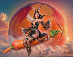 Full body closeup portrait, Beautiful bunny girl wearing sexy black lingerie with sheer robes riding a carrot heading to a gigantic peach in the sky, windy, big detailed eyes, ColorART, highly detailed, fantasy setting, dynamic angle,