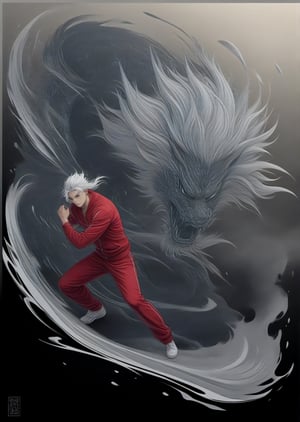 Male fighter with long white hair wearing red tracksuit with black stripes, detailed eyes, 4k, windy, highly detailed, (full body portrait), dynamic angle, ink splash style, standing poses, more detail XL,dragon chinese,<lora:659095807385103906:1.0>