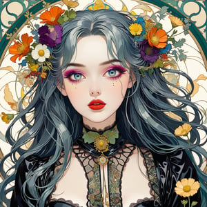 Masterpiece, 4K, ultra detailed, anime style, beautiful punk girl with goth makeup and glossy lips, long flowy hair, wild flowers, depth of field, SFW,more detail XL, retro illustrations, art Nouveau, Vintage American illustration's 