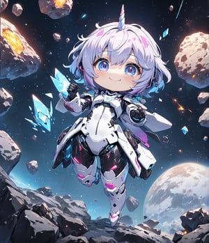 Masterpiece, 4K, ultra detailed, chibi anime style, cyber unicorn robot girl smiling at viewers, SFW, epic rocky space asteroids,shuimo style