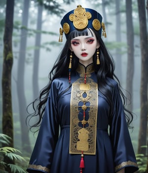 Masterpiece, 4K, ultra detailed, anime style, frightening female Jiangshi with flawless goth makeup, paper talisman on forehead and glossy lips, golden earring, wavy long hair, dark silk robe with very long sleeves, in a misty dark forest, depth of field, SFW, more detail XL,