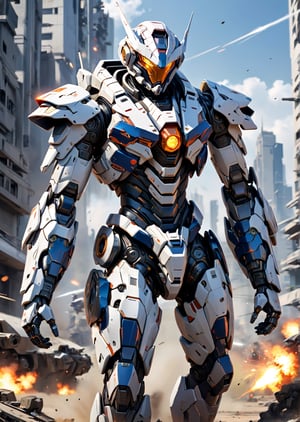 anime style, futuristic armor power suit in a warzone, driving in high speed, dynamic angle, more detail XL, ,mecha