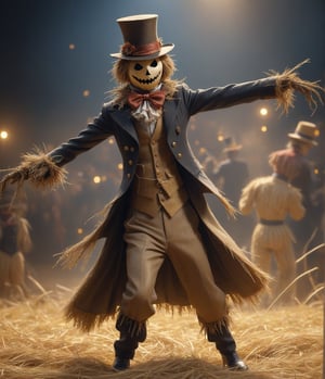 Masterpiece, 4K, Ultra detailed, scarecrow dancing on stage, sparkling suit and top hat, dried hay, SFW,