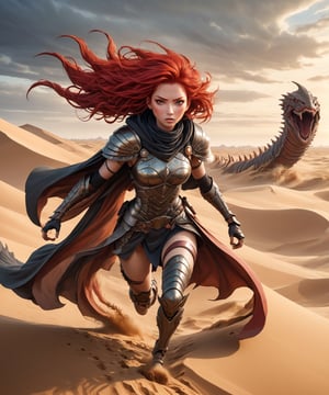 Surrealist anime art style, a lone red hair female warrior wearing cape in apocalyptic sand dunes, running at viewers, gigantic sandworm with spikes and tough scales bursting out from the sand in the background, more detail XL, dusk,